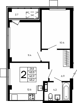 2-комн., 45.5 м²