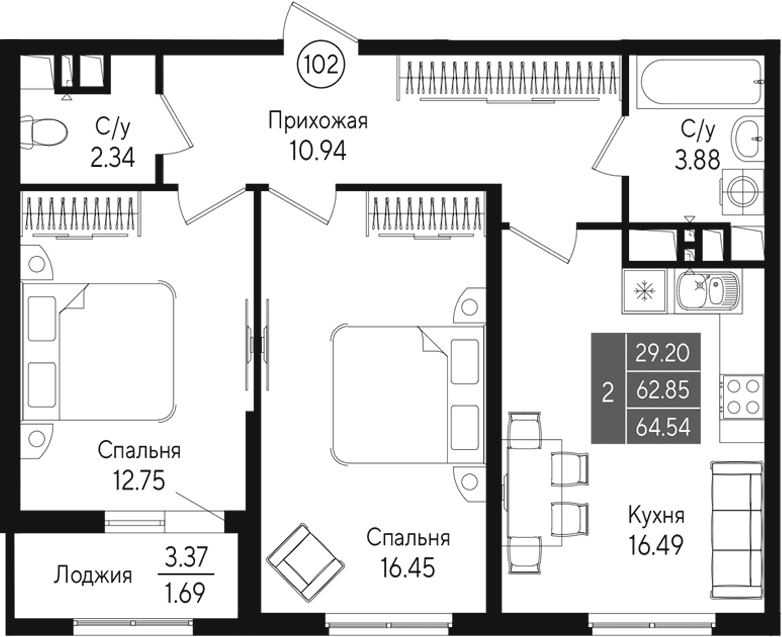 2-комн., 62.84 м²