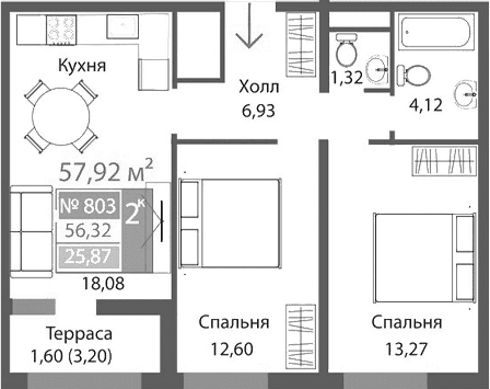 2-комн., 56.32 м²