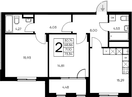 2-комн., 68.86 м²