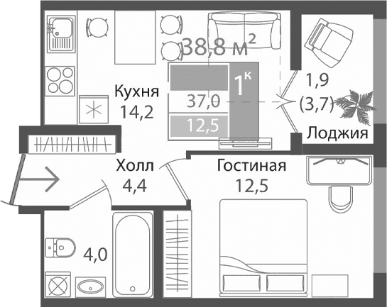 2-комн., 35.1 м²