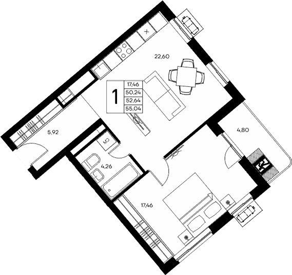 1-комн., 50.24 м²