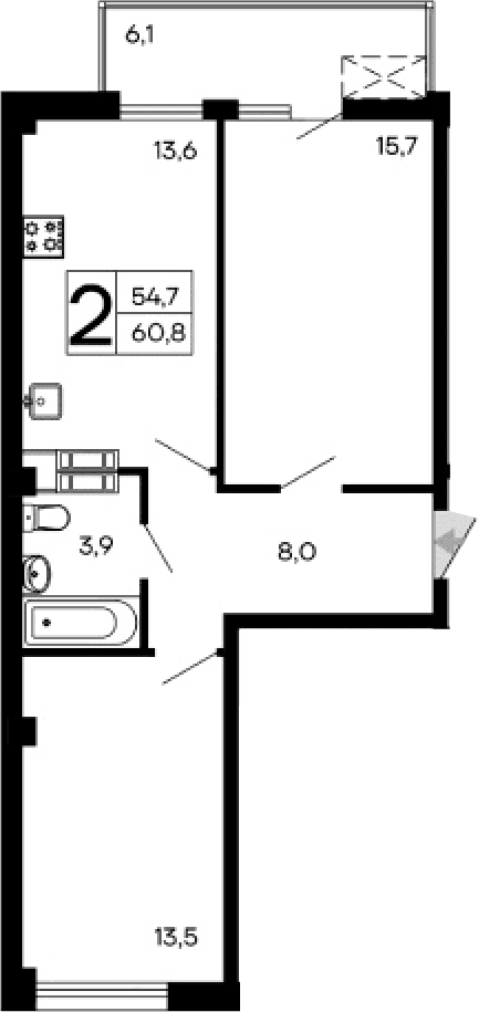 2-комн., 54.7 м²