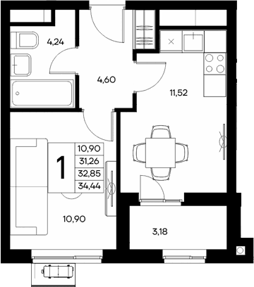 1-комн., 31.26 м²