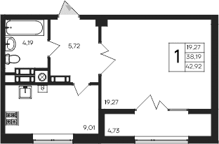 1-комн., 38.19 м²