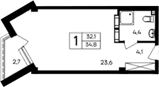 Студия, 32.1 м²