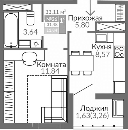 1-комн., 29.85 м²