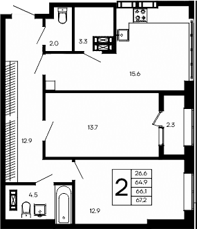 2-комн., 64.9 м²