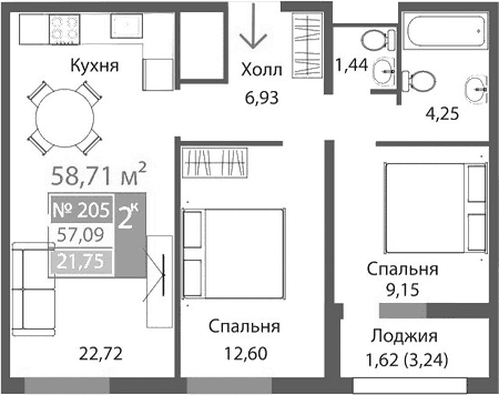 2-комн., 57.09 м²