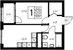 1-комн., 34.56 м²