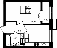 1-комн., 34.61 м²