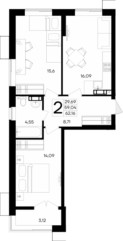 2-комн., 59.04 м²