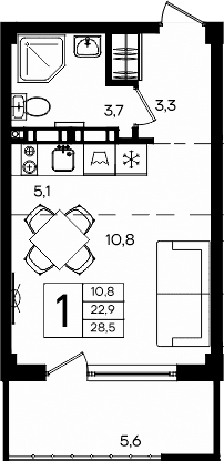 Студия, 22.9 м²