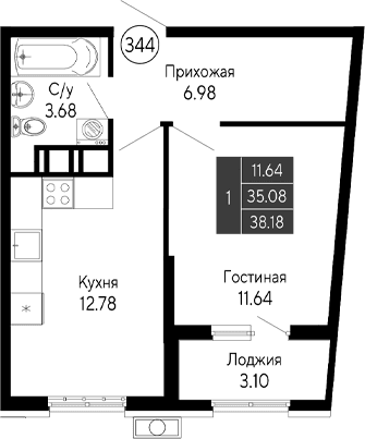 1-комн., 35.08 м²