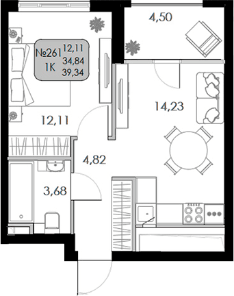 1-комн., 34.84 м²