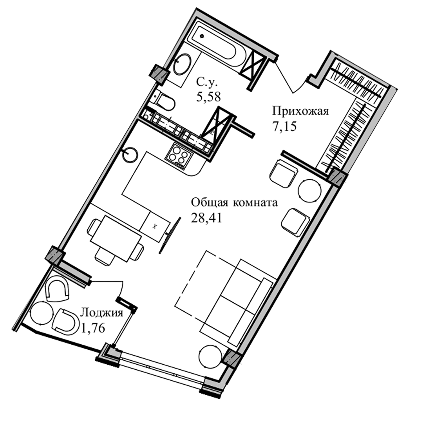 Студия, 42.74 м²