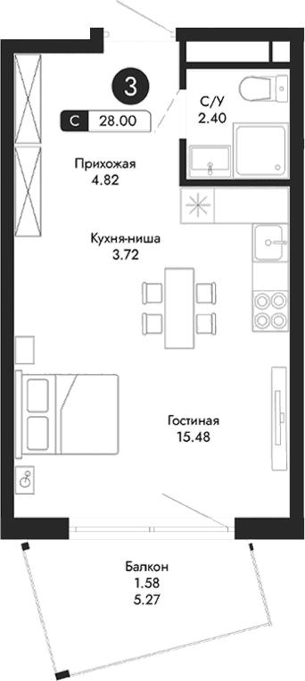 Студия, 26.42 м²