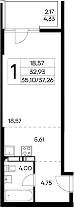 Студия, 35.09 м²