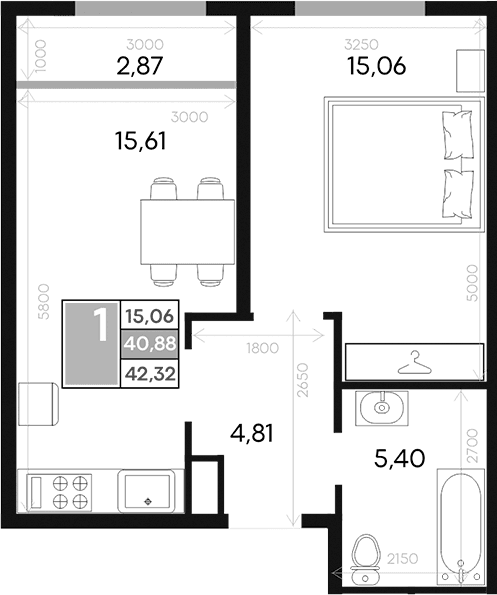 1-комн., 40.88 м²