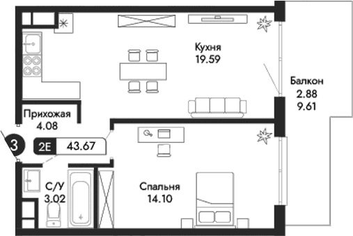 2-комн., 40.79 м²