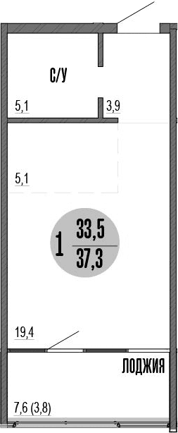Студия, 33.5 м²