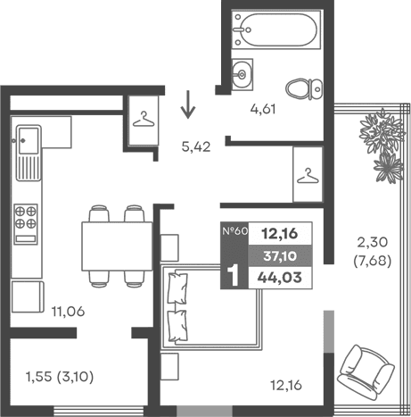1-комн., 33.25 м²