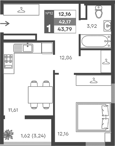 1-комн., 40.55 м²