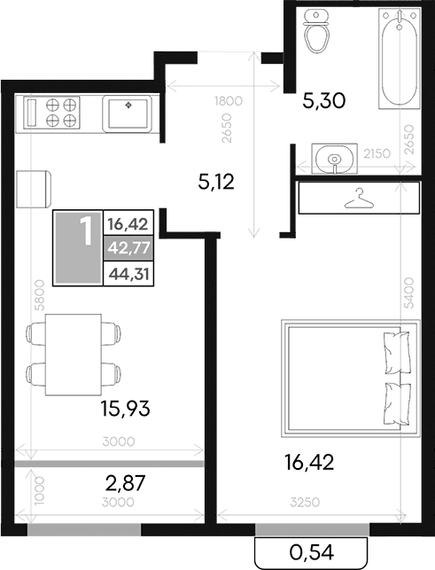 1-комн., 42.71 м²