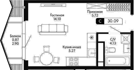 Студия, 29.22 м²