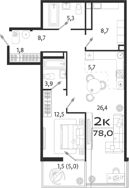 2-комн., 73 м²