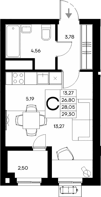 Студия, 26.8 м²
