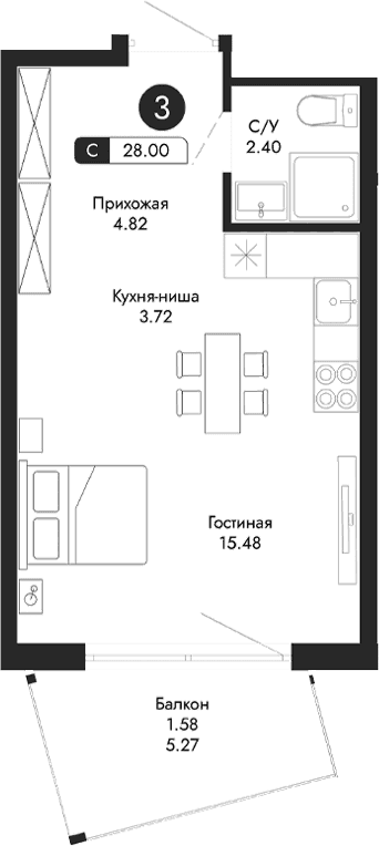 Студия, 26.42 м²