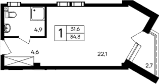 Студия, 31.6 м²