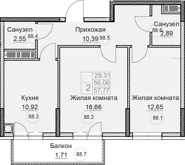2-комн., 56.07 м²