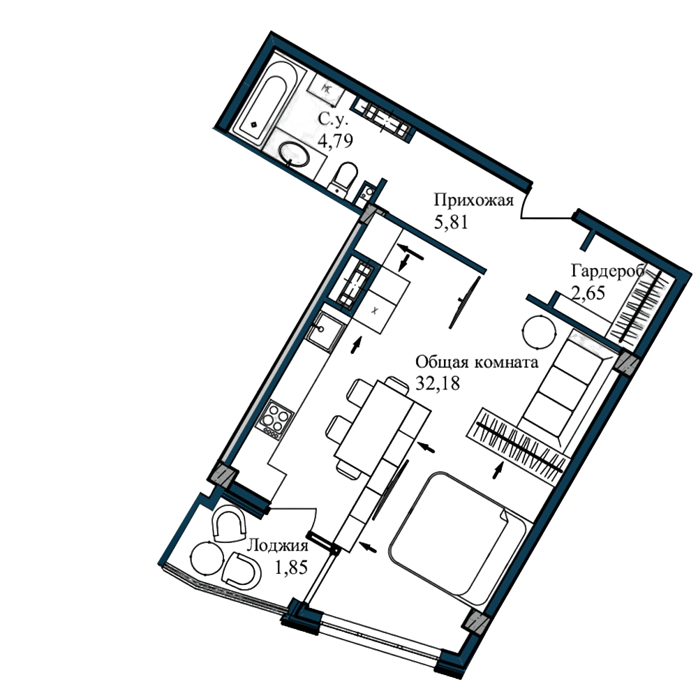 Студия, 47.05 м²