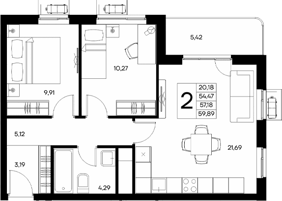 2-комн., 54.47 м²