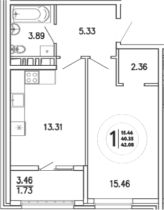 1-комн., 40.35 м²