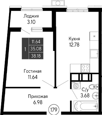 1-комн., 35.08 м²