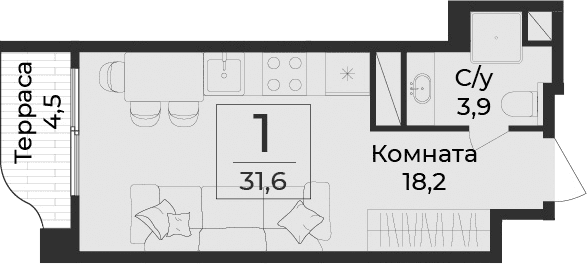 Студия, 27.1 м²