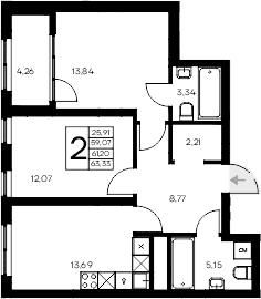 2-комн., 59.07 м²