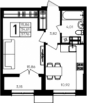 1-комн., 34.61 м²