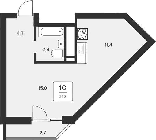 Студия, 34.1 м²