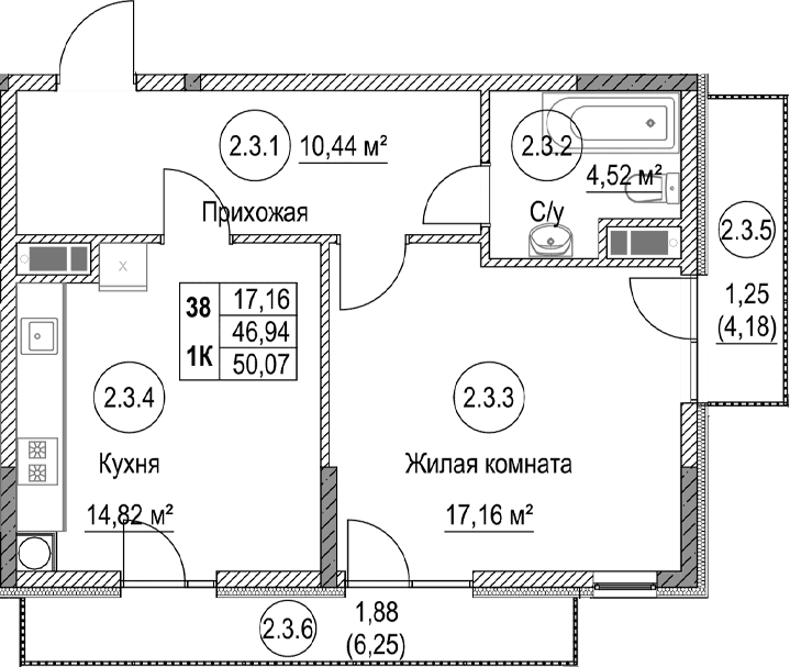 1-комн., 46.94 м²