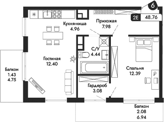 2-комн., 45.25 м²