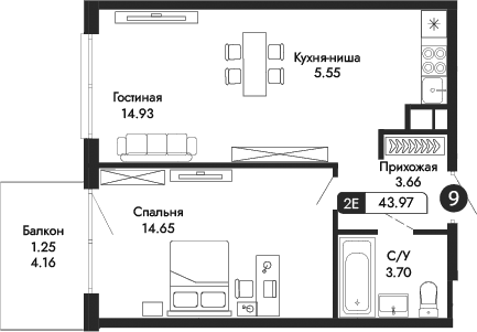 2-комн., 42.72 м²