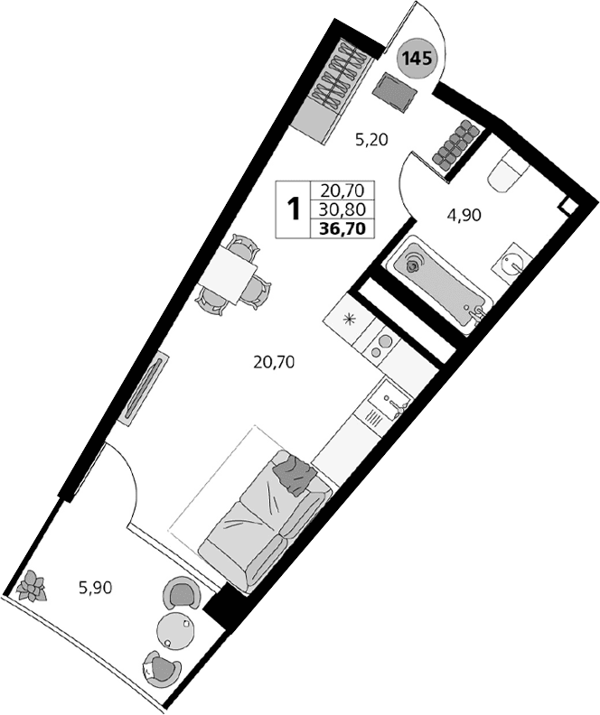 Студия, 30.8 м²