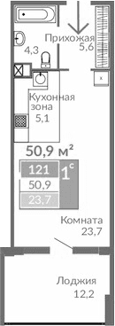 Студия, 38.7 м²