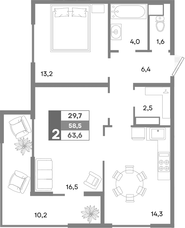 2-комн., 58.5 м²