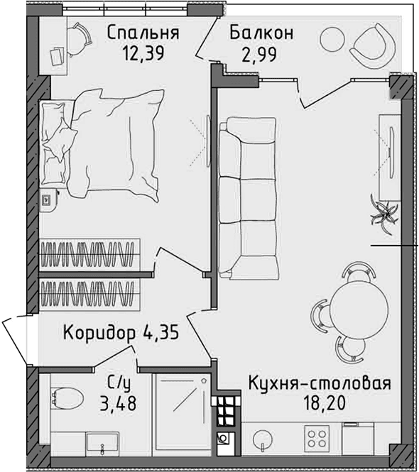 2-комн., 38.42 м²