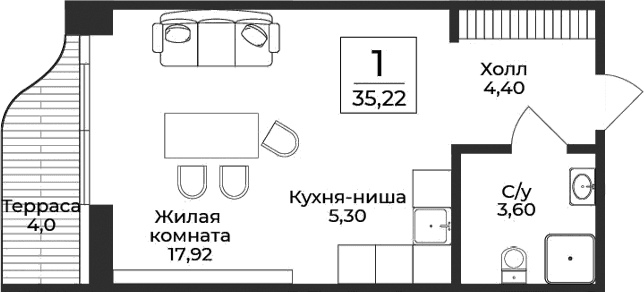 Студия, 31.22 м²